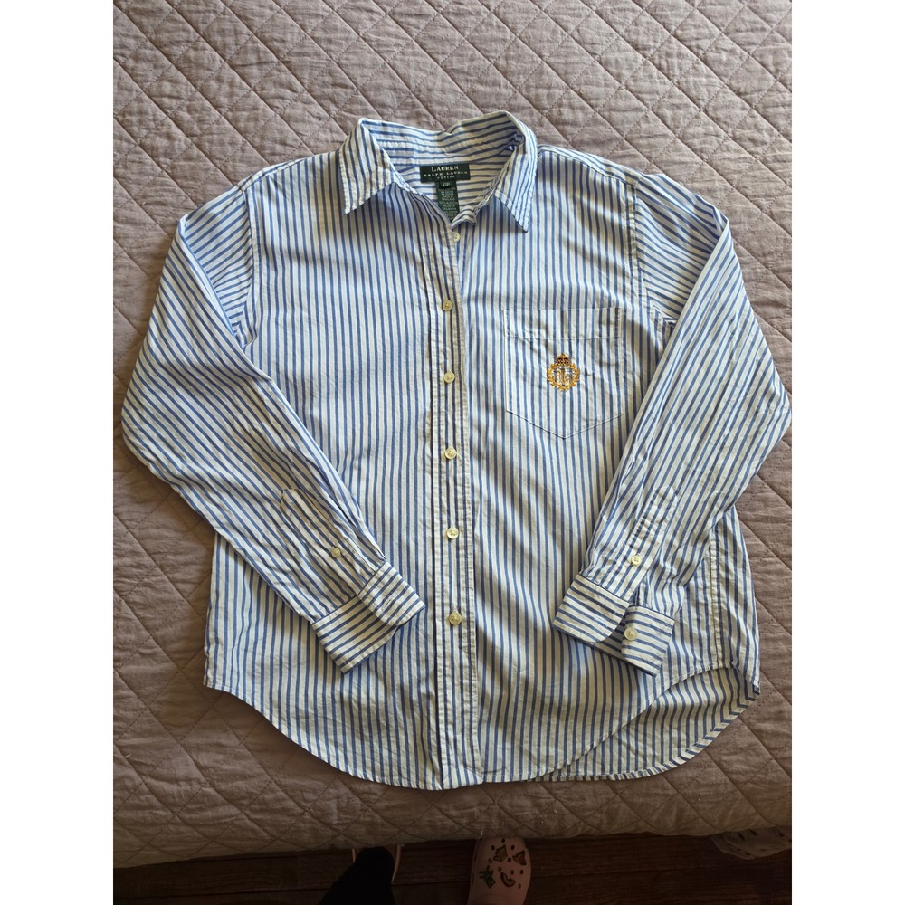 Ralph Lauren Striped Blue White Marine Embroidered Monogram Pocket Shirt sz 12P - Picture 2 of 7
